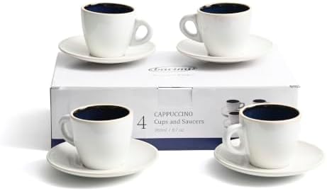 Bacimi® Cappuccino Cups and Saucers Set of 4 – 8.7oz Thick Barista Style Stoneware Cups - Blue Glaze Classic Italian Design - Ceramic Cups For Cappuccino, Latte, Tea – Dishwasher & Microwave Safe by Bacimi