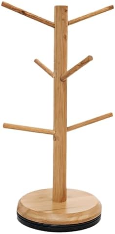 Coffee Mug Tree with 6 Hooks, Rotatable Freestanding Wooden Coffee Cup Holder, Space Saving Kitchen Organizer for Countertops, Wood Color - Image 2