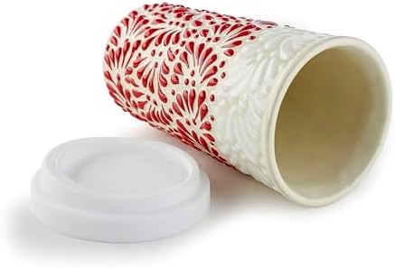 Handcrafted Talavera Ceramic Travel Mug with Silicone Lid, 16 oz, 6.5 Inch Tall, Mexican Embossed Pottery Coffee Tumbler – Artisan Texture & Relief Design (Sunset Dip) - Image 5