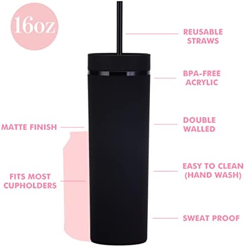 Matte Black Tumblers with Lids and Straws.16oz Skinny Tumblers Bulk.Double Walled Plastic Acrylic Pastel Tumblers Cups for Iced Coffee Smoothie.DIY Silm Tumbler. - Image 2