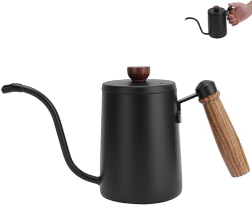 Pour Over Coffee Kettle, 600ml Small Gooseneck Kettle Long Gooseneck Spout Stainless Steel Tea Kettlee with Wood Handle Coffee Cafe Kettlee for Home Cafe Office (Black) by Jwthee