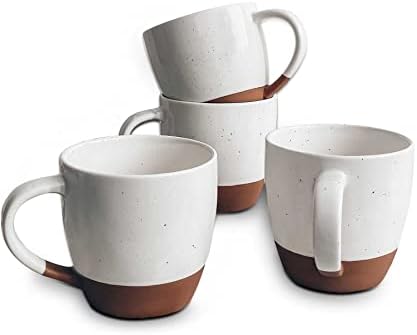 MORA Ceramic Large Latte Mug Set of 4, 16oz - Microwavable, Porcelain Coffee Cups With Big Handle - Modern, Boho, Unique Style For Any Kitchen. Microwave Safe Stoneware - Vanilla White by MORA