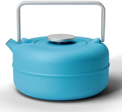 Toptier Teapot with Removable Infuser, Cast Iron Tea Kettle Stovetop Safe, Solid Geometry Cylinder Design Tea Pot Coated with Enameled Interior for 27 Ounce (800 ml), Blue by toptier