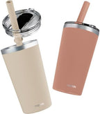 CUPKIN Toddler Tumblers, The Original 12 oz Stackable Stainless Steel Cups, Set of 2 Powder Coated Insulated Kids Water Bottle Alternative + BPA Free Lids + Reusable Silicone Straws (Brown + Peach) by CUPKIN
