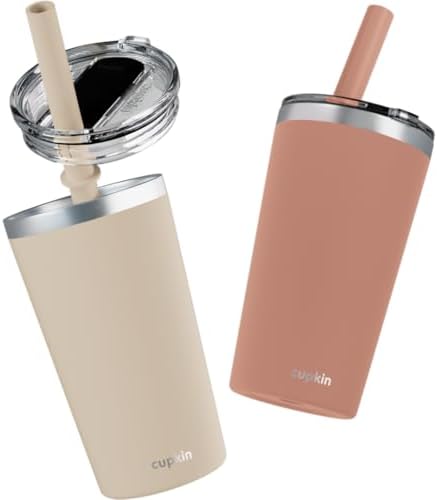CUPKIN Toddler Tumblers, The Original 12 oz Stackable Stainless Steel Cups, Set of 2 Powder Coated Insulated Kids Water Bottle Alternative + BPA Free Lids + Reusable Silicone Straws (Brown + Peach) by CUPKIN
