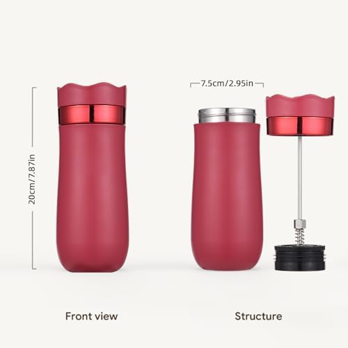 Portable Coffee Maker, Double Wall Insulated Stainless Steel French Press Travel Mug with 320ml Capacity for Camping Hiking Travel (Red) - Image 2