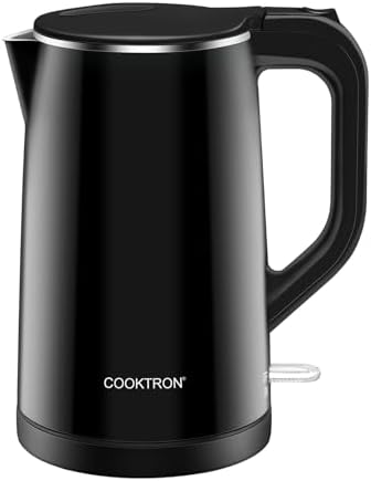COOKTRON 1.7L Quiet Electric Kettle, Double Wall Hot Water Boiler BPA-Free Cool Touch Tea Kettle, Cordless with Auto Shut-Off & Boil Dry Protection, 1500W Fast Boiling, Black by COOKTRON