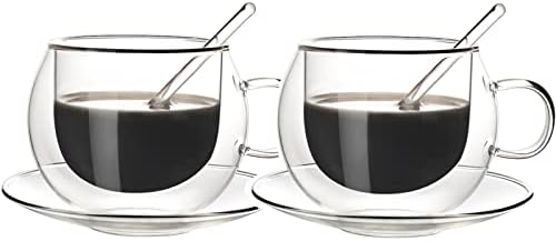 Glass Espresso Cups with Saucers and Spoons Set of 2, 8.45 Oz Double Wall Insulated Glass Coffee/Tea Cups Drinking Demitasse Mugs for Cappuccino Latte Tea and More Beverage (8.45 Oz) by PRTECY