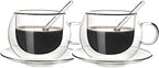 Glass Espresso Cups with Saucers and Spoons Set of 2, 8.45 Oz Double Wall Insulated Glass Coffee/Tea Cups Drinking Demitasse Mugs for Cappuccino Latte Tea and More Beverage (8.45 Oz) by PRTECY