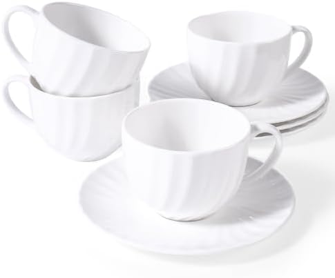 Fine Bone China Cappuccino Cups with Saucers Set of 4, 7 oz by COSTMANCE