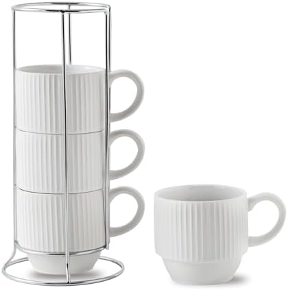 Hasense White Ceramic Coffee Mugs Set With Holder- 12 oz Stackable Coffee Cups Ceramic, Modern Ribbed Latte Cup Sets for Cappuccino, Tea, Espresso, Hot Cocoa, Drinks - Dishwasher & Microwave Safe by Hasense