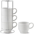 Hasense White Ceramic Coffee Mugs Set With Holder- 12 oz Stackable Coffee Cups Ceramic, Modern Ribbed Latte Cup Sets for Cappuccino, Tea, Espresso, Hot Cocoa, Drinks - Dishwasher & Microwave Safe by Hasense