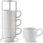 Hasense White Ceramic Coffee Mugs Set With Holder- 12 oz Stackable Coffee Cups Ceramic, Modern Ribbed Latte Cup Sets for Cappuccino, Tea, Espresso, Hot Cocoa, Drinks - Dishwasher & Microwave Safe by Hasense