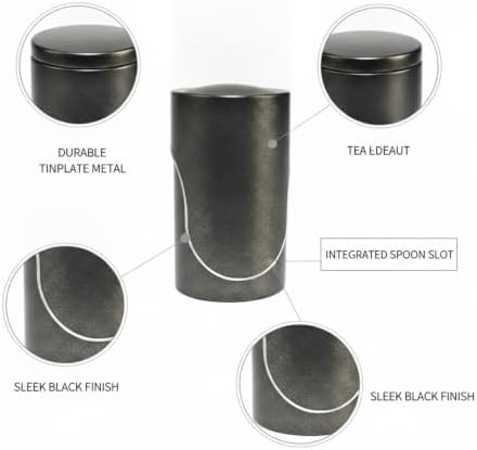 Food Storage Canister with Built-in Scoop, Round Tinplate Metal Jar for Loose Leaf Tea Organization, Black Finish - Image 6