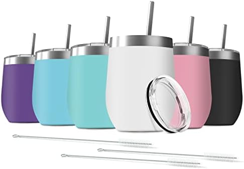 6 Pack 12 oz Stainless Steel Wine Tumbler with Lids, Double Wall Vacuum Insulated Travel Cup Including 6 Straws Set for Coffee, Cocktail, Drink, Tea and Beer (Assorted Colors) by Deitybless