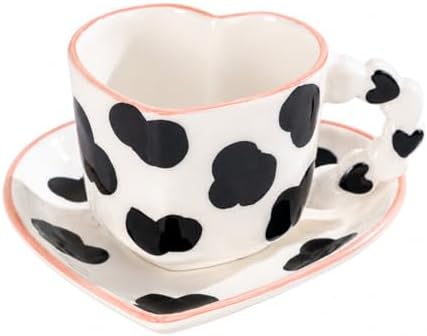 Cute Cow Heart Shaped Coffee Mug with Saucer, 260ML Ceramic Tea Cup with Heart Handle, Aesthetic Latte Cappuccino Mug for Coffee Tea, Gift for Women Girls by HDJNal