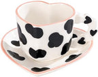 Cute Cow Heart Shaped Coffee Mug with Saucer, 260ML Ceramic Tea Cup with Heart Handle, Aesthetic Latte Cappuccino Mug for Coffee Tea, Gift for Women Girls by HDJNal