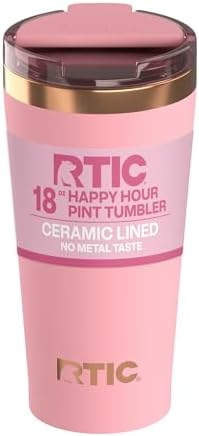 RTIC 18oz Happy Hour Pint Tumbler with Lid, Insulated, Ceramic Lined, Stainless Steel Metal, Portable Travel Cup for Hot and Cold Drink, Rosewater by RTIC
