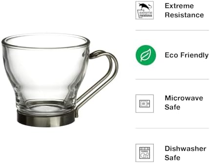 Bormioli Rocco Oslo Espresso Glass Cups 4 Set 3.75 Oz | Tempered Glass, Ergonomic Stainless Steel Handles, Dishwasher Safe, For Espresso, Coffee, Tea - Image 4