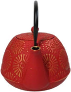 Ebros Gift Traditional Oriental Tetsubin Red Kiku Chrysanthemum Design 40oz Cast Iron Teapot With Enameled Interior And Strainer Asian Japanese Chinese Fusion Housewarming Tea Pot Accent - Image 3
