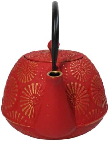Ebros Gift Traditional Oriental Tetsubin Red Kiku Chrysanthemum Design 40oz Cast Iron Teapot With Enameled Interior And Strainer Asian Japanese Chinese Fusion Housewarming Tea Pot Accent - Image 3
