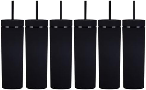 Matte Black Tumblers with Lids and Straws.16oz Skinny Tumblers Bulk.Double Walled Plastic Acrylic Pastel Tumblers Cups for Iced Coffee Smoothie.DIY Silm Tumbler. by Essasea