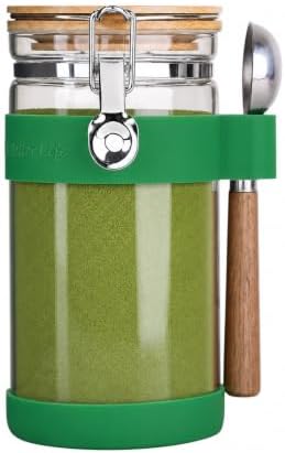 KKC Matcha Powder Storage Container Airtight Glass Jar 1200ml/40 oz - Airtight Tea Powder Canister with Bamboo Lid, Protective Sleeve & 1 TBSP Wooden Handle Scoop by KKCHOMEACCENTSGmbH
