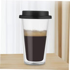 IMIKEYA Double Wall Glass Coffee Mug 350ml with Silicone Lid, Black - Image 6