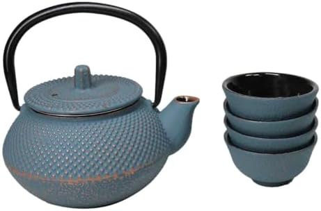 Ebros Gift Traditional Oriental Tetsubin Small Cast Iron 10oz Teapot With Strainer And 4 Mini Tea Cups 1oz Asian Fusion Housewarming Tea Service Drinkware Accent (Sky Blue Rustic Hobnails Texture) - Image 4