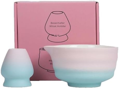 Japanese Tea Bowl with Tea Whisk, 500ml Gradient Pink & Blue Ceramic Striped Tea Bowl by POWLAB