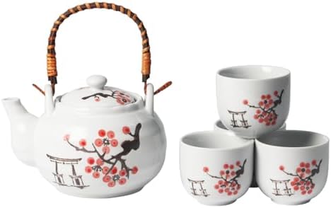 Urban Tokyo Japanese Cherry Blossom Torii Gate Design Tea Set, 22 oz Ceramic Teapot with 4 Cups, White with Bamboo Handle by Urban+Tokyo