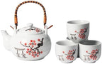Urban Tokyo Japanese Cherry Blossom Torii Gate Design Tea Set, 22 oz Ceramic Teapot with 4 Cups, White with Bamboo Handle by Urban+Tokyo