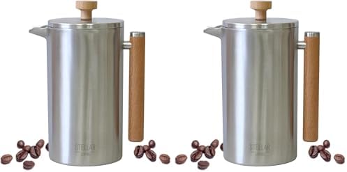 Stellar Living 34 OZ Stainless Steel French Press Coffee Maker with Double Vacuum Insulation, Maximum Flavor Coffee Brewer, Tea and Coffee Press, Camp Coffee Maker - Matte Silver with Wooden Handle by AdmiredbyNature