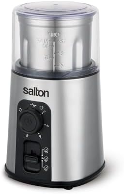 Salton Stainless Steel Smart Coffee Grinder, Electric Blade for Ground Coffee, Spices, Herbs, Nuts with Stainless Steel Blade, 80g/12 cup capacity (CG2123) by Salton