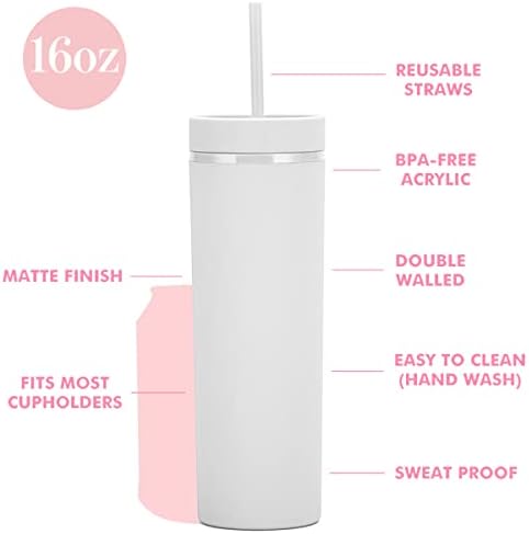 16oz Skinny Tumblers Bulk.Matte White Tumblers with Lids and Straws.Double Walled Plastic Acrylic Pastel Tumbler Cups for Iced Coffee Smoothie.DIY Slim Tumbler. - Image 2