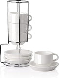 Sweejar Porcelain Espresso Cups with Saucers, 2.5 Ounce Stackable Cappuccino Cups with Metal Stand for Coffee Drinks, Latte, Tea - Set of 4 (White) by Sweejarco1949