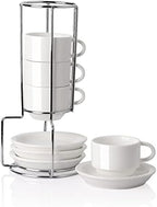 Sweejar Porcelain Espresso Cups with Saucers, 2.5 Ounce Stackable Cappuccino Cups with Metal Stand for Coffee Drinks, Latte, Tea - Set of 4 (White) by Sweejarco1949