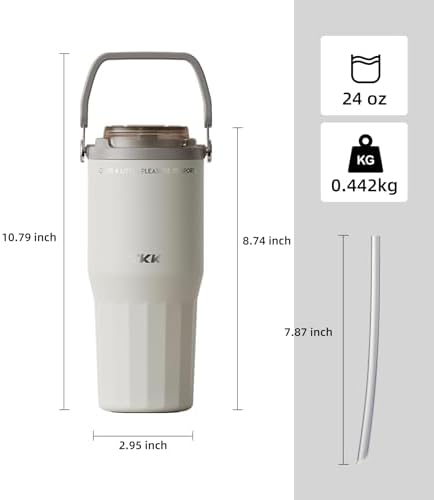 TKK 24 oz Ceramic Coated Tumbler with Straw Lid, 18/10 Stainless Steel Vacuum Tumblers, Leakproof Double Walled Car Cup with Handle & Tea Infuser& Dishwasher Safe, for Hot & Cold Drinks,Granite White - Image 2