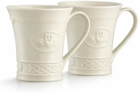 Belleek Classic Claddagh 10 oz Irish Coffee Mug Set, Handcrafted Parian China Ceramic Cups, Irish Symbol Design, Set of 2, White by Belleek