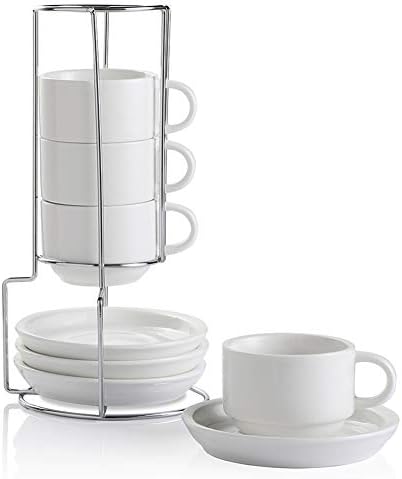 Sweejar Porcelain Espresso Cups with Saucers, 4 Ounce Stackable Cappuccino Cups with Metal Stand for Coffee Drinks, Latte, Tea - Set of 4 (White) by Sweejarco1949