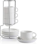 Sweejar Porcelain Espresso Cups with Saucers, 4 Ounce Stackable Cappuccino Cups with Metal Stand for Coffee Drinks, Latte, Tea - Set of 4 (White) by Sweejarco1949