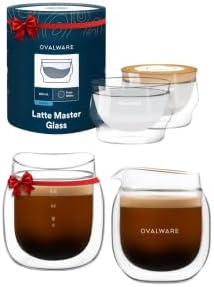 Ovalware 8.5oz Double Wall Latte Cups, Latte Set of 2 - Palm-Sized Cups with Wide Rim for Artistic Designs - Frost White and Espresso Pouring Glass Set of 2 | Double-Wall 2.7oz/80ml Shot Measuring Cup by Ovalware