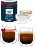 Ovalware 8.5oz Double Wall Latte Cups, Latte Set of 2 - Palm-Sized Cups with Wide Rim for Artistic Designs - Frost White and Espresso Pouring Glass Set of 2 | Double-Wall 2.7oz/80ml Shot Measuring Cup by Ovalware