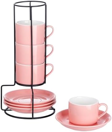 4 OZ Porcelain Stackable Espresso Cups and Metal Stand Set of 4 by MEICHU