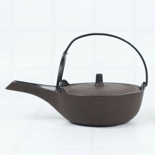 Japanese Cast Iron Flat Teapot with Tea Strainer - Kanbin Teapot - Dark Brown - 250ml - Nambu Ironware - Made in Japan - Image 3