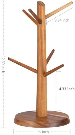 Acacia Wood Coffee Mug Tree Holder Countertop with 6 Hooks - Image 5