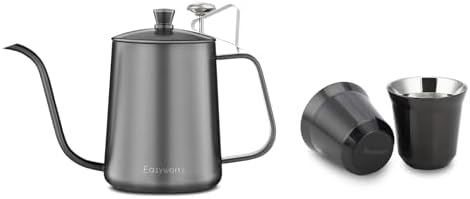 Easyworkz Gage Gooseneck Pour Over Coffee Kettle 20 oz with Thermometer Stainless Steel Hand Drip Coffee Pot, Bundled with Espresso Cup 2pcs Set Double Wall Insulated Metal Demitasse Cups (Black,5 oz) by Easyworkz