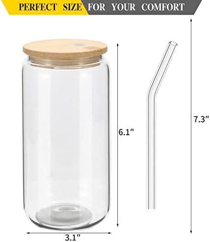 YOUKE OLA 20 Pack Glass Cups with Bamboo Lids and Glass Straw 16oz Beer Can Shaped Drinking Glasses Cups, Glass Tumbler Reusable Cute Cups for Whiskey, Iced Coffee, Tea, Soda, Cocktail, Gift, Clear - Image 2