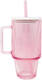 Lilly Pulitzer Pink 20 Ounce Glass Tumbler with Straw, Stylish and Reusable Drinkware for Cold Beverages, Textured Colored Glass with Handle and Pattern Lid (Lilly Garden Home) - Image 4
