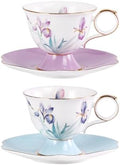 KAMMAK Ceramic Coffee Cups Saucers Set of 2, Porcelain Espresso Cups with Saucers, 8.45 oz Handcrafted Elegant Bone China Tea Cups, Iris Flower & Butterfly Pattern Teacup for Party, Office, Gift by KAMMAK